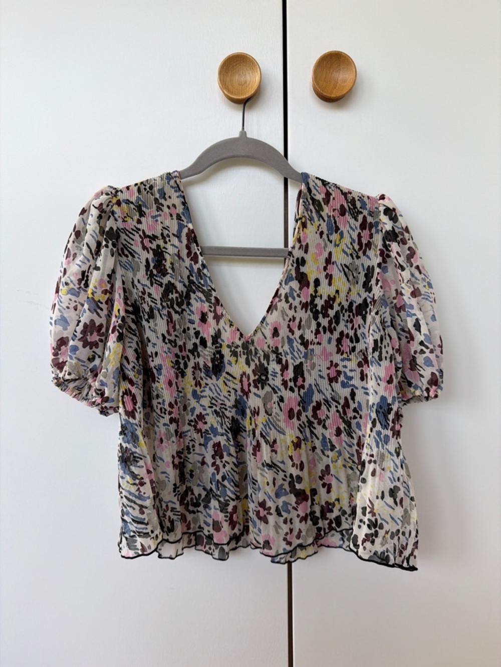 Ganni Pink Multi Floral Pleated V-Neck Puff Sleeve Blouse